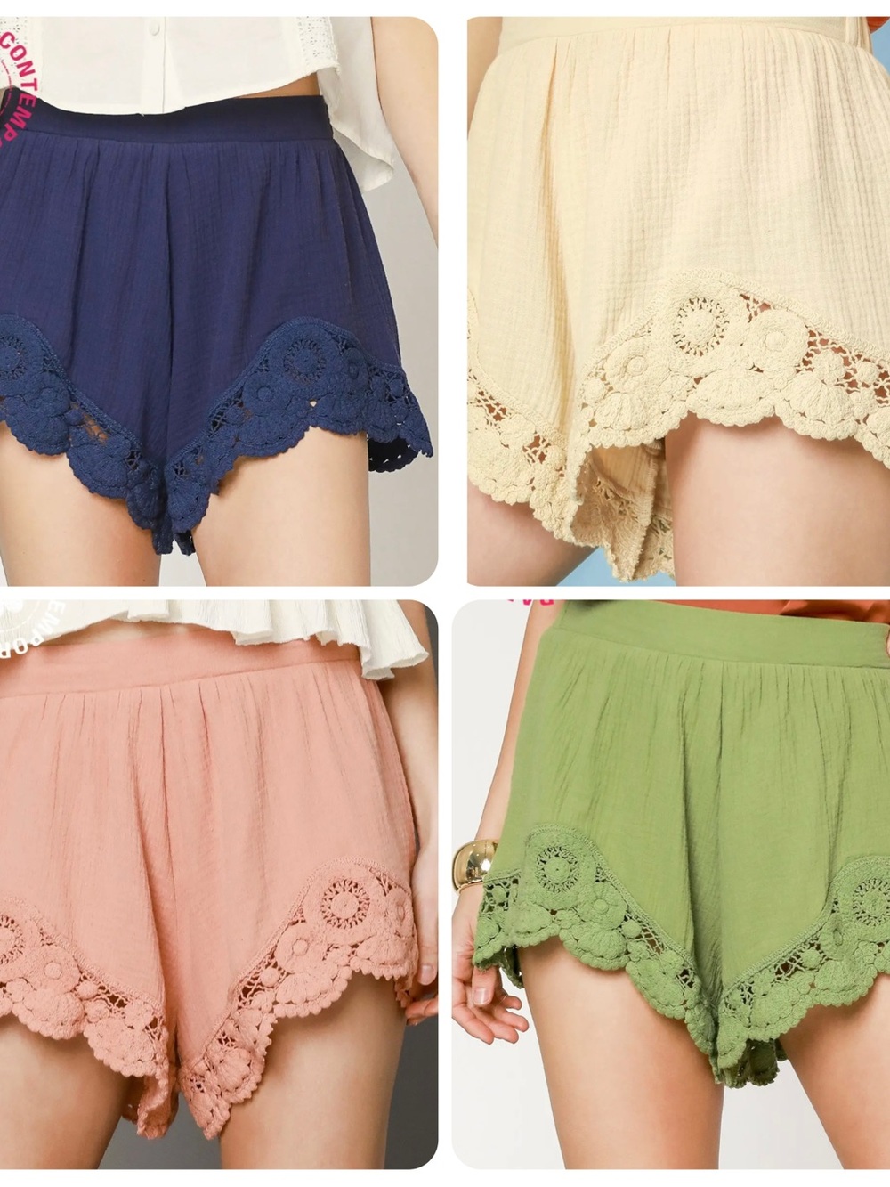Umgee Crochet Hem Gauze Shorts — Navy, Cream, Rose, Green